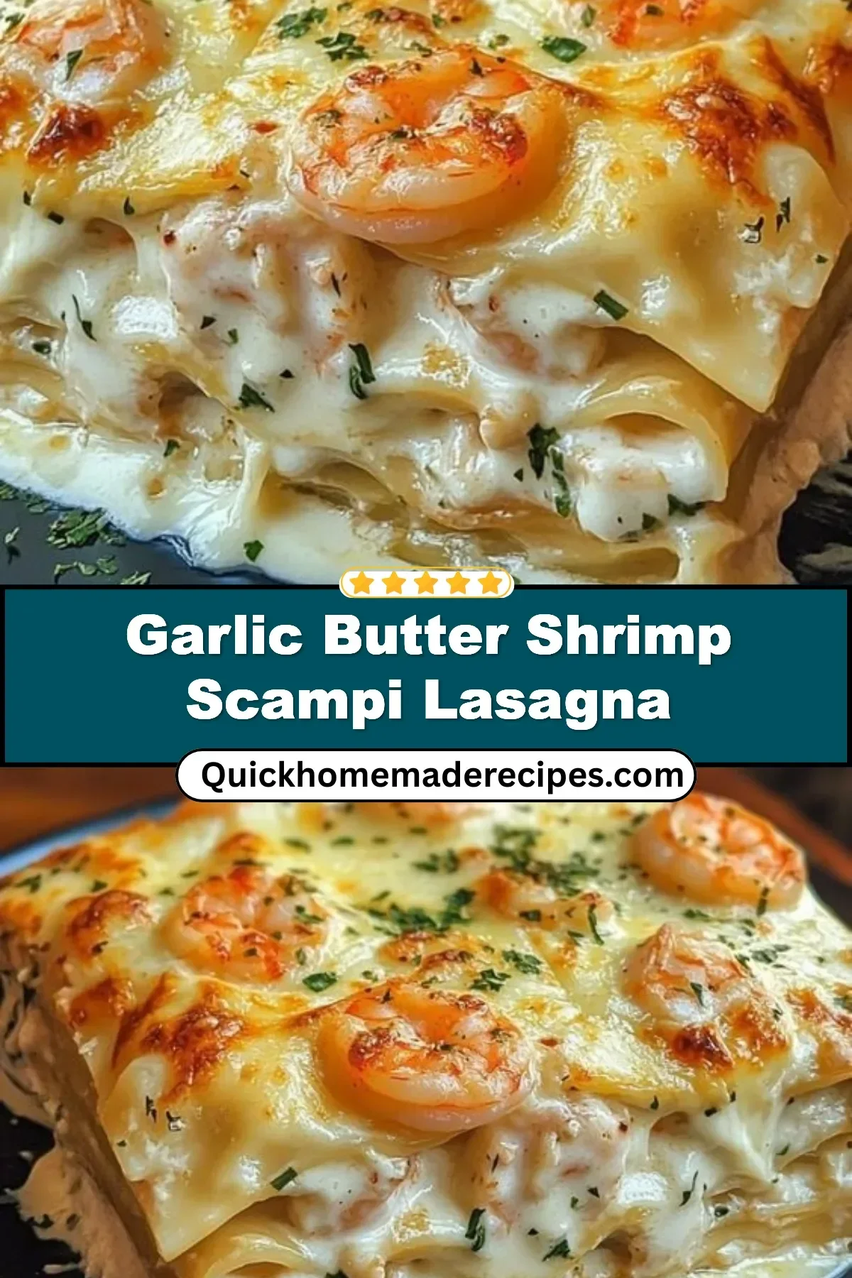 Garlic Butter Shrimp Scampi Lasagna topped with parsley and Parmesan cheese