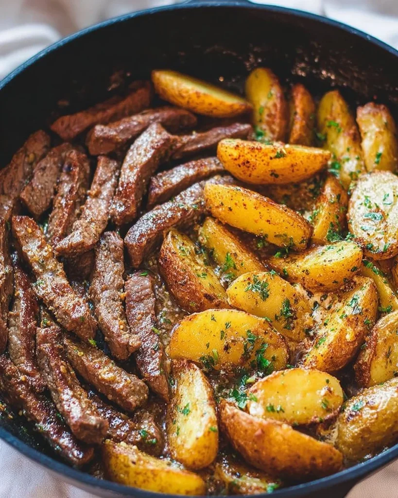 Garlic Butter Steak cooked in a skillet with crispy potatoes
