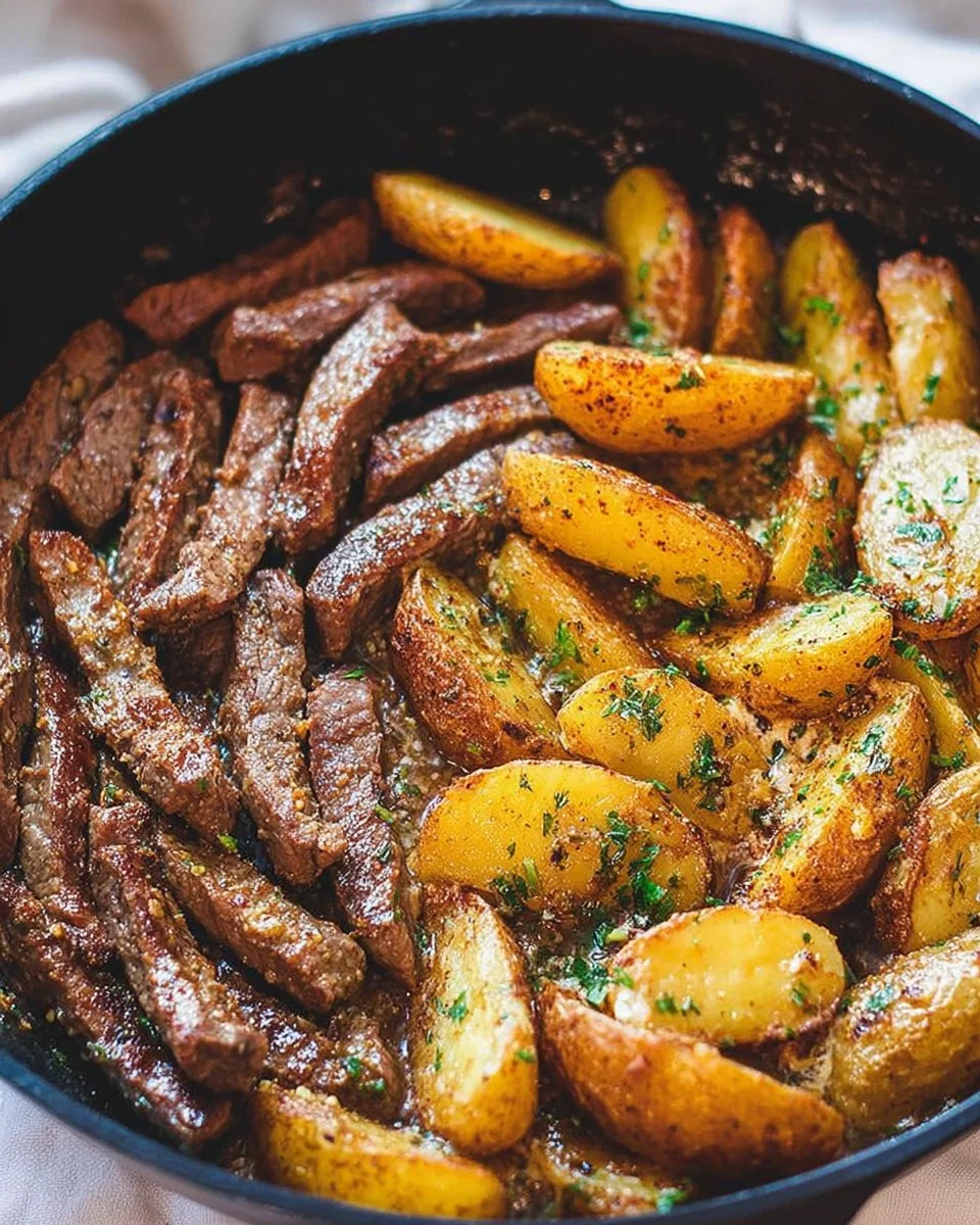 Garlic Butter Steak cooked in a skillet with crispy potatoes