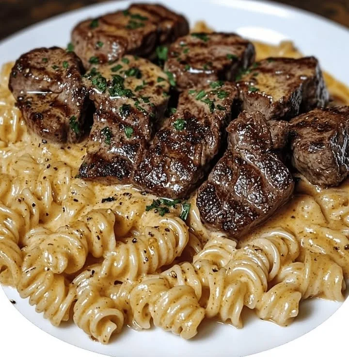 Garlic Butter Steak Bites served with Spicy Cajun Alfredo Twisted Pasta
