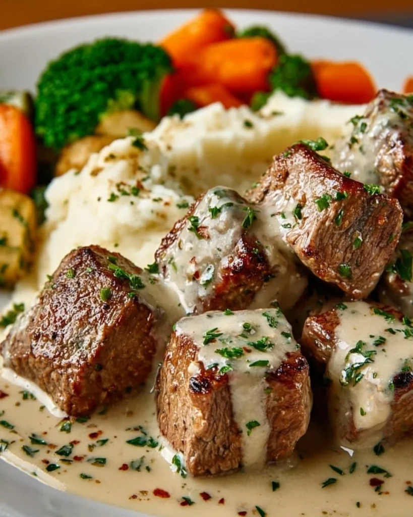 Garlic butter steak bites served in rich parmesan cream sauce on a plate