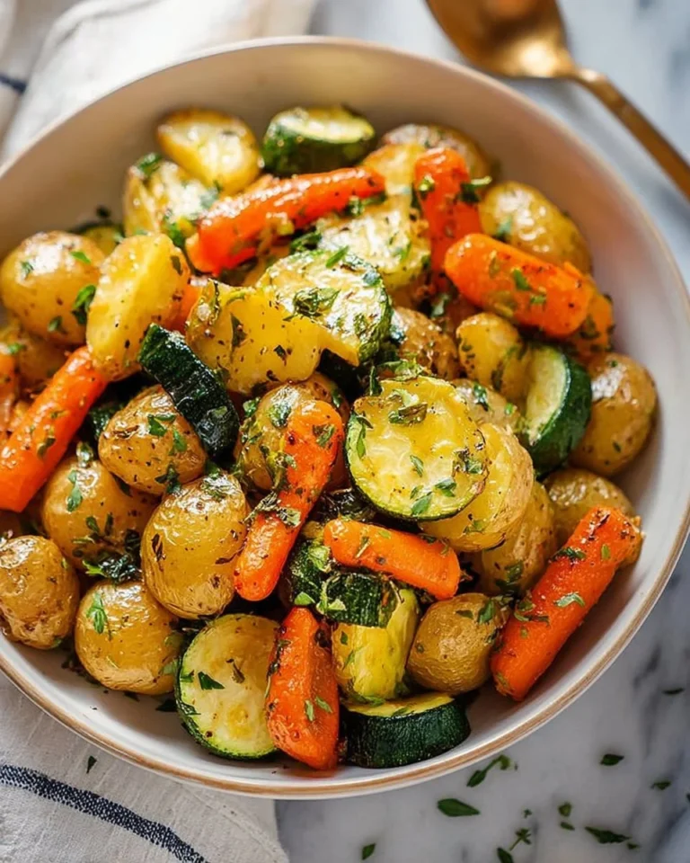 Bowl of Garlic Herb Roasted Vegetables including potatoes, carrots, and zucchini.