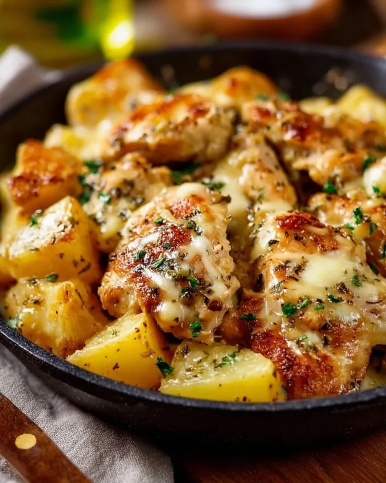 Garlic Parmesan Chicken and Potatoes Skillet dish on a wooden table