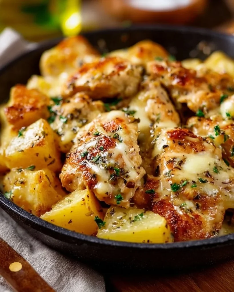 Garlic Parmesan Chicken and Potatoes Skillet dish on a wooden table