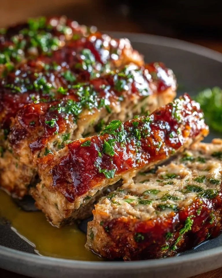 Garlic Parmesan Chicken Meatloaf with herbs and cheese on a serving plate.