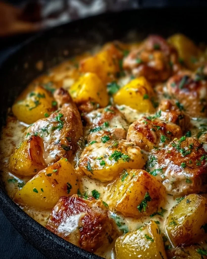 Delicious Garlic Parmesan Chicken and Potatoes cooked in a crockpot.