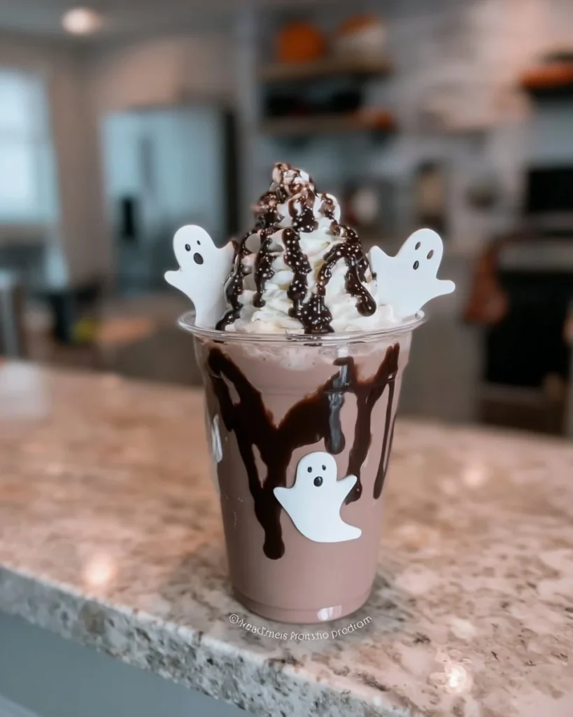 Ghost chocolate milk drink with Halloween decorations