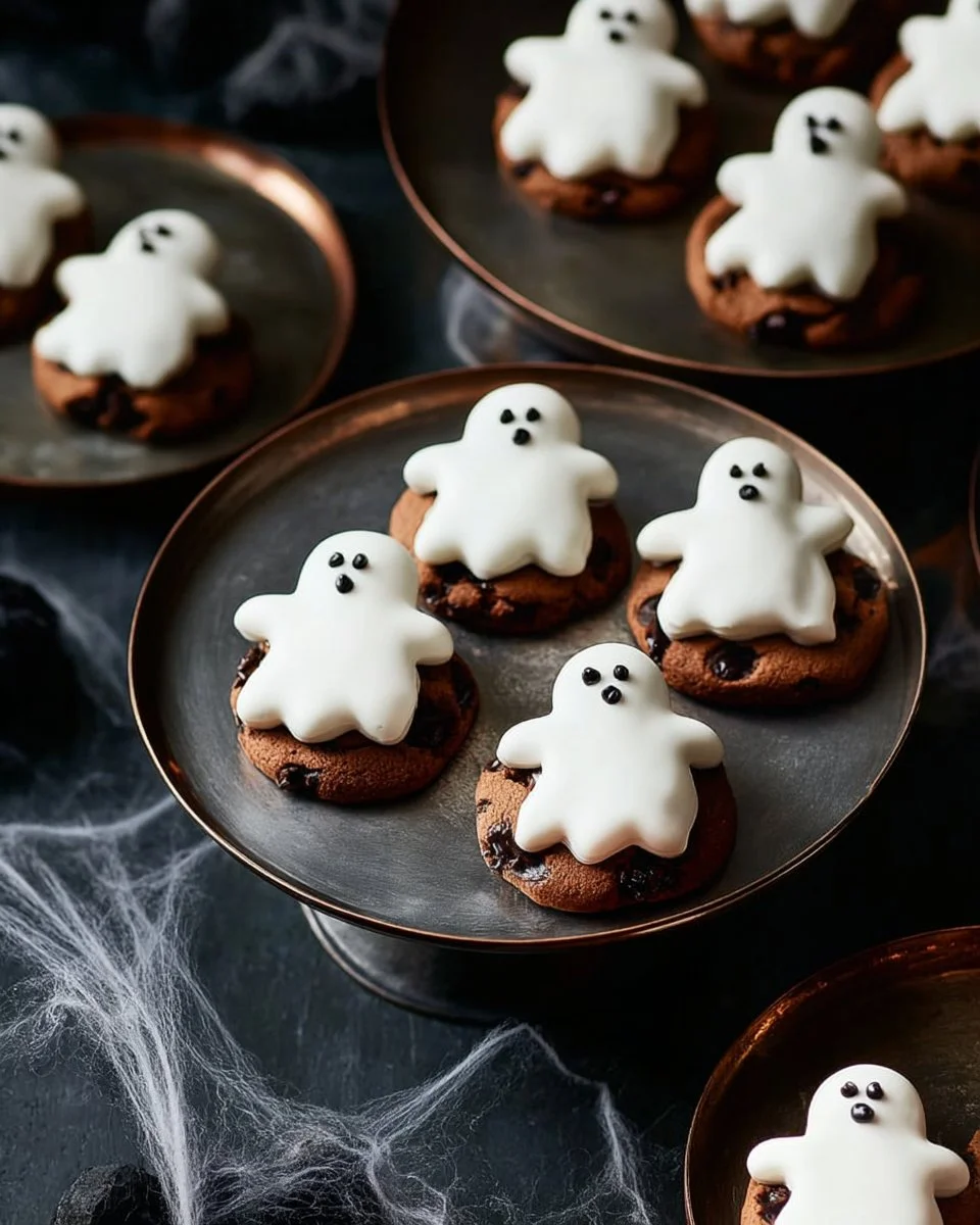 Spooky ghost cookies decorated for Halloween, perfect for festive gatherings.