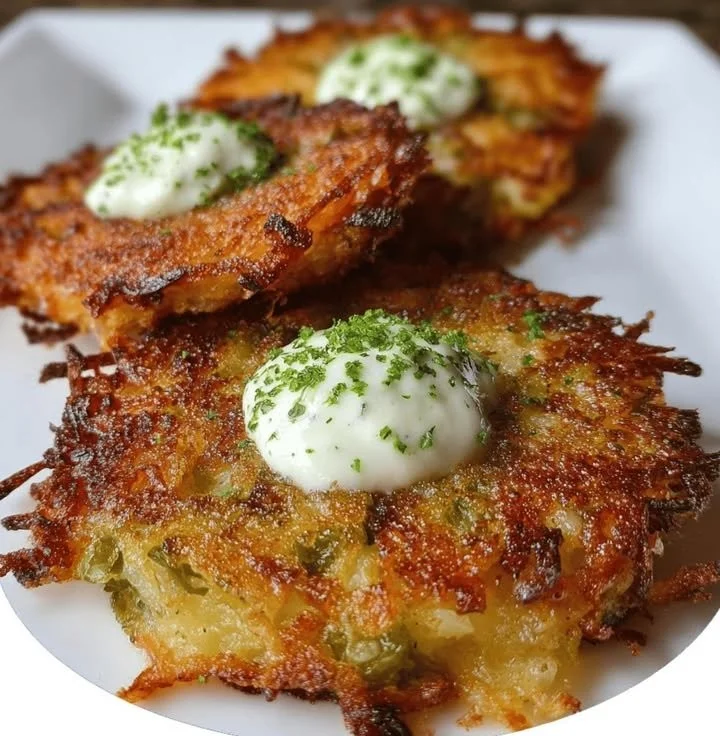 Green Chile Cheese Potato Cakes served with Green Chile Sour Cream