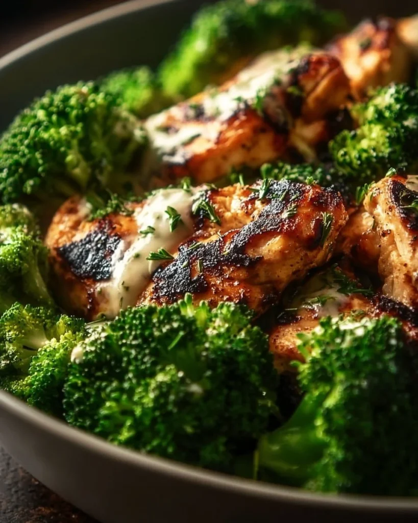 Grilled chicken bowl with broccoli and creamy garlic sauce.