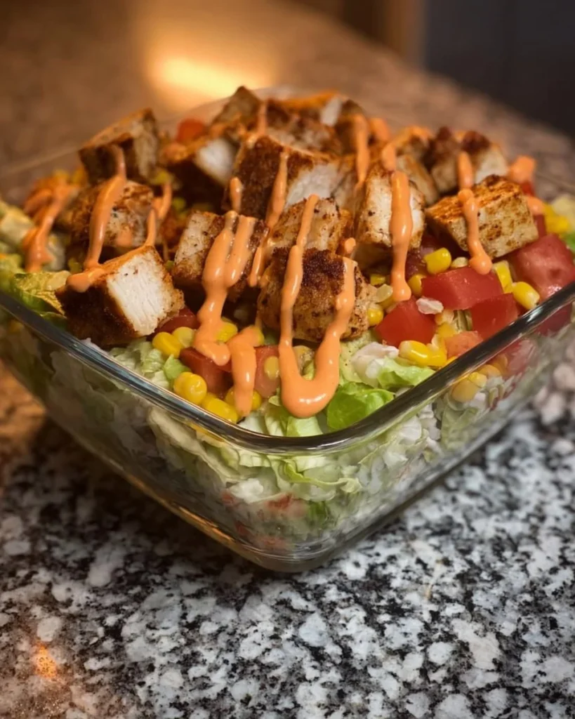 Grilled chicken dish served with corn and avocado salad