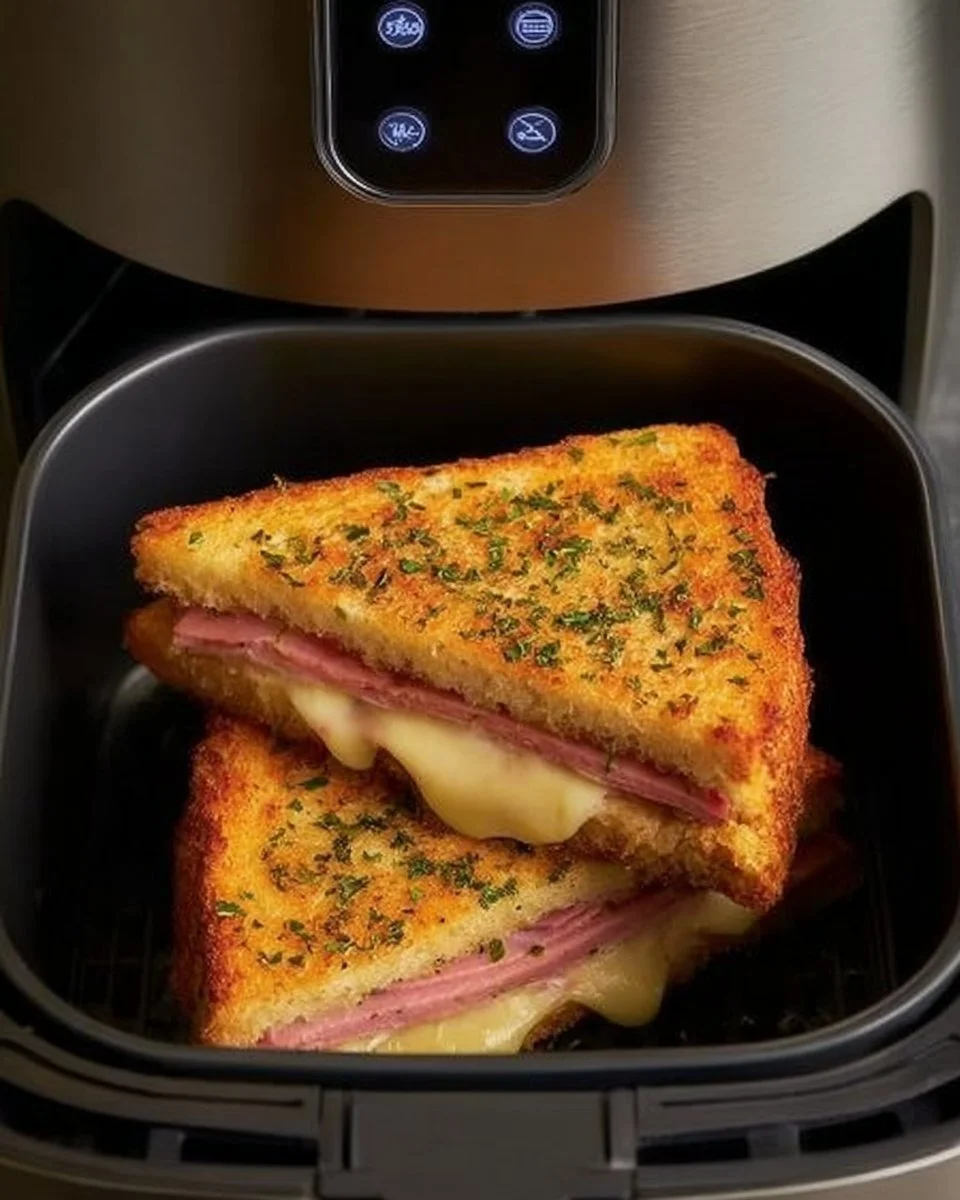 Delicious grilled ham and cheese sandwich made in an air fryer