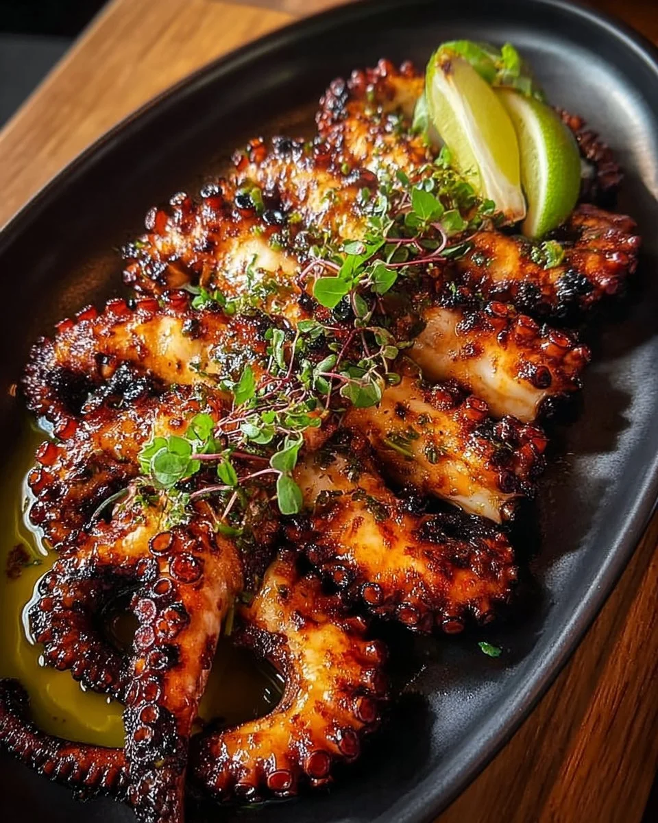Deliciously grilled octopus served on a plate with herbs and lemon.