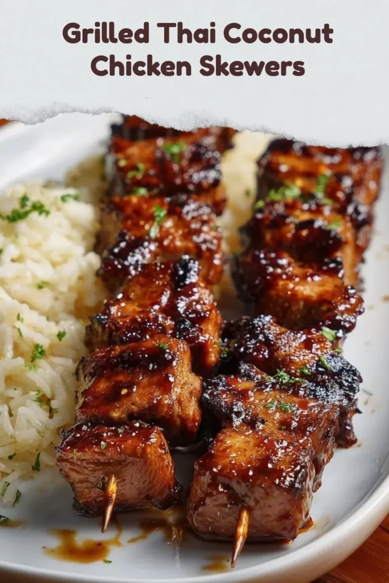 Grilled Thai Coconut Chicken skewers served on a plate with fresh herbs