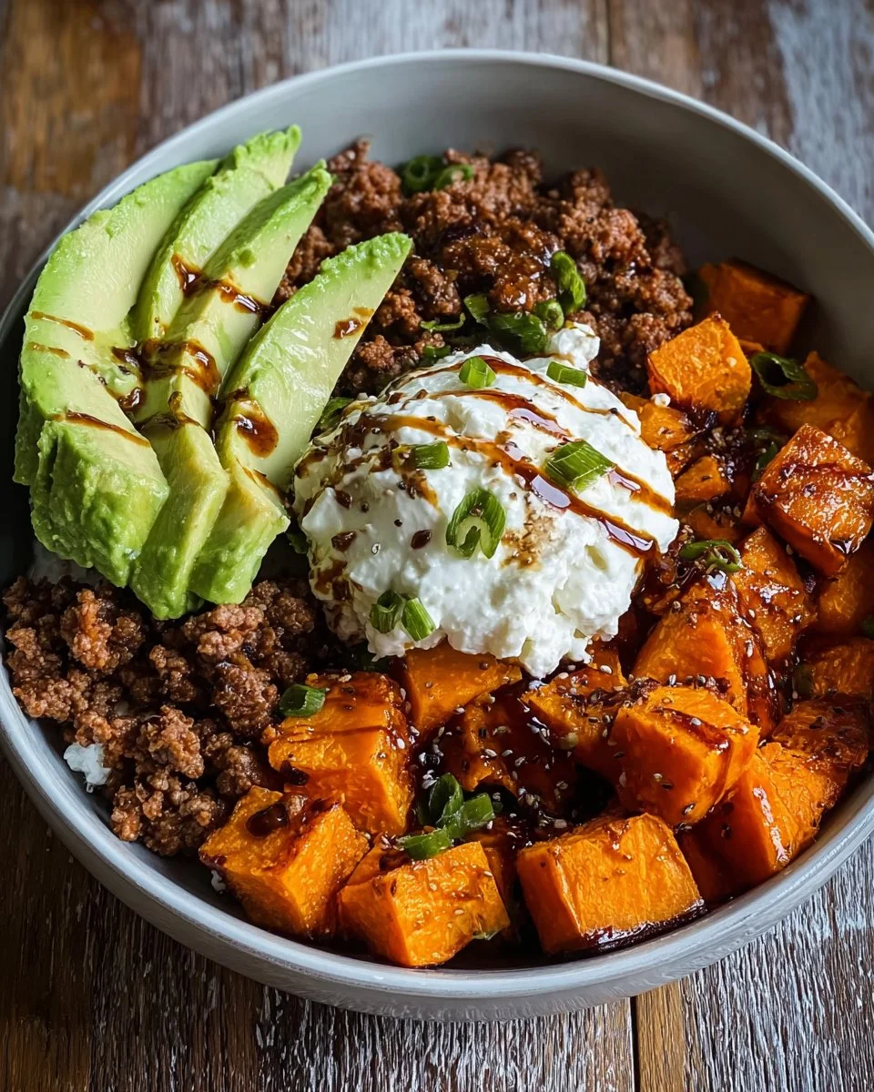 Delicious Ground Beef Sweet Potato Bowl with colorful veggies and spices