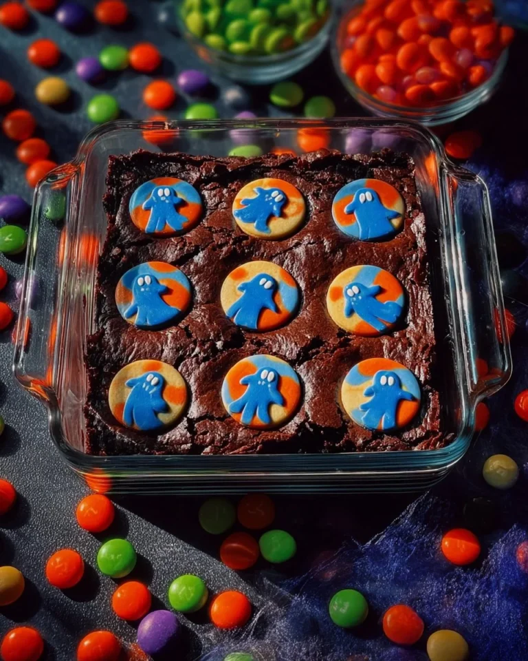 Deliciously spooky Halloween Brookies topped with festive decorations.