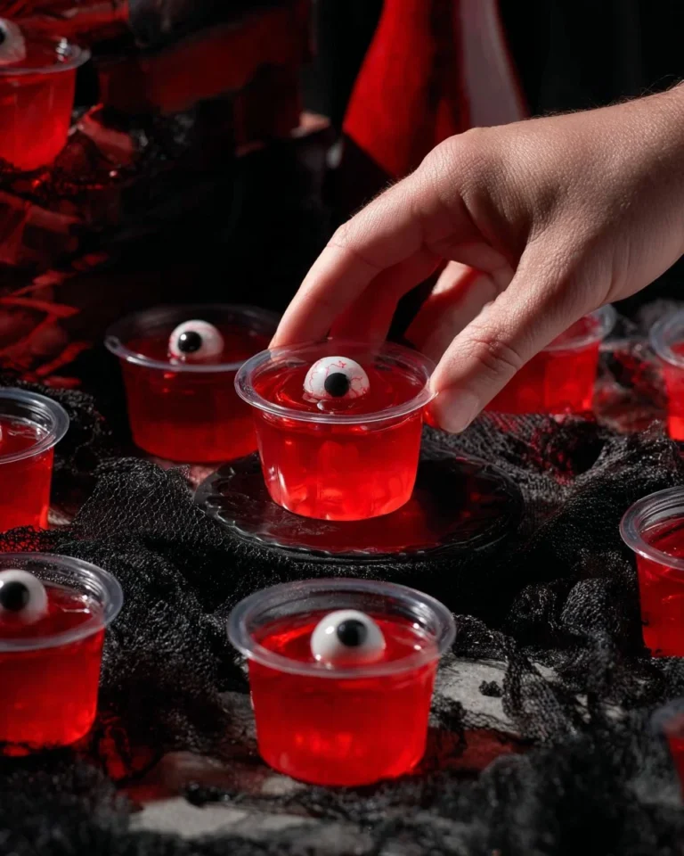 Halloween Eyeball Jello Shots served in clear cups with gummy eyeballs.