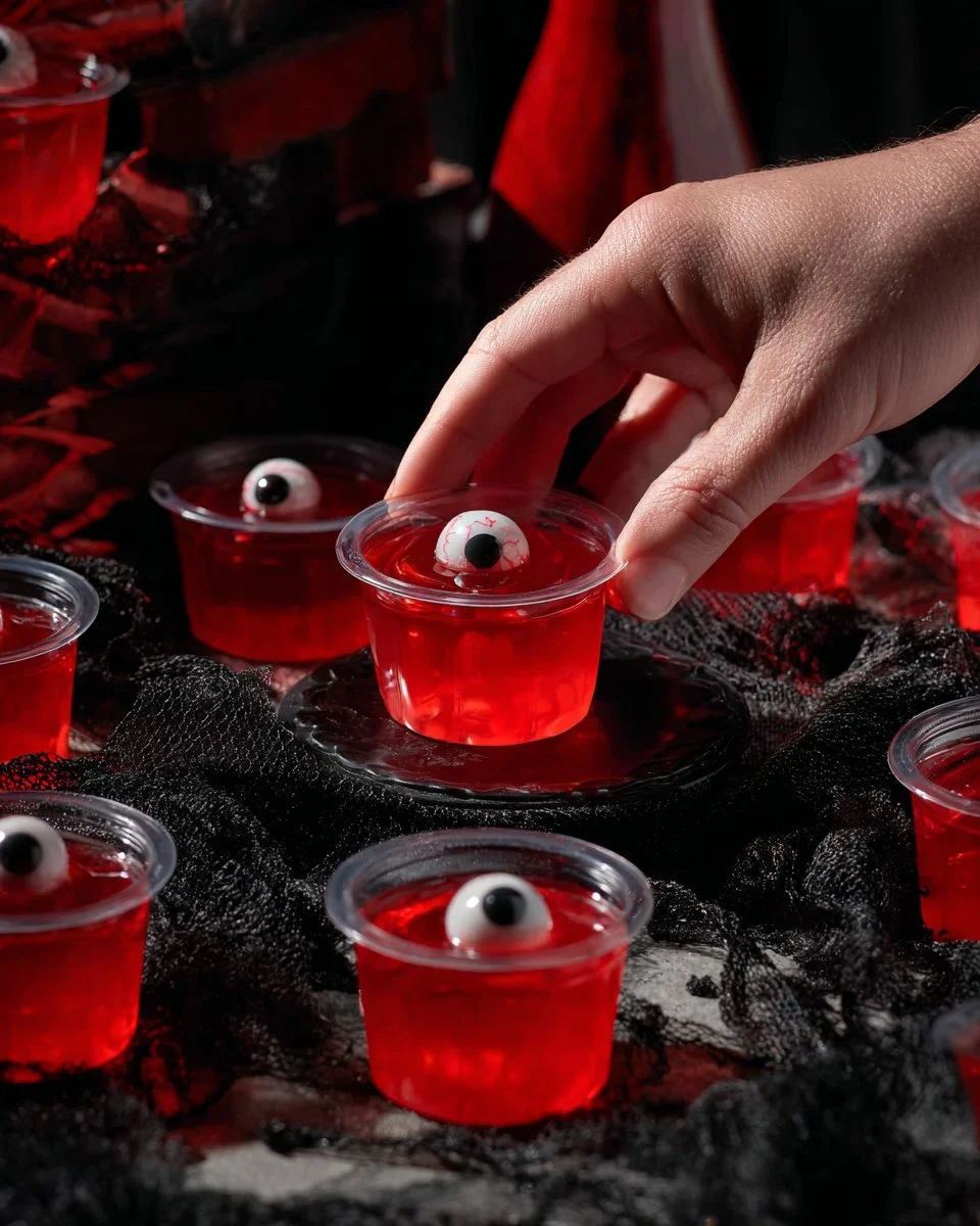 Halloween Eyeball Jello Shots served in clear cups with gummy eyeballs.