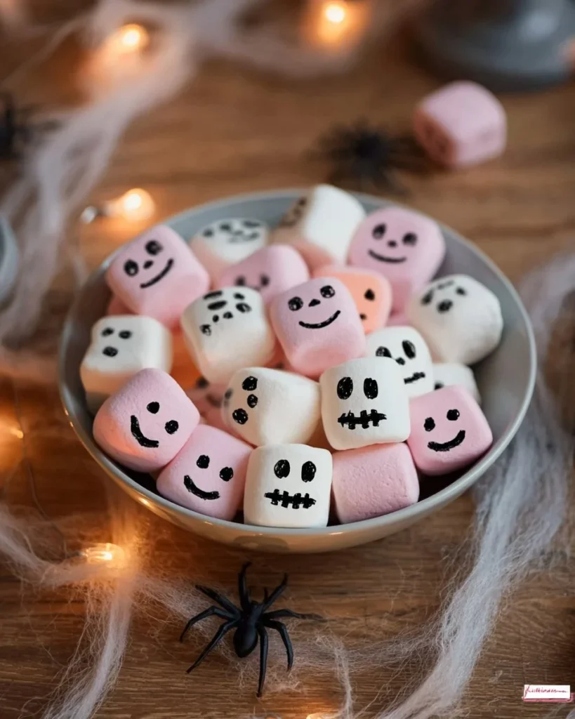 Halloween marshmallows decorated with playful skeleton designs