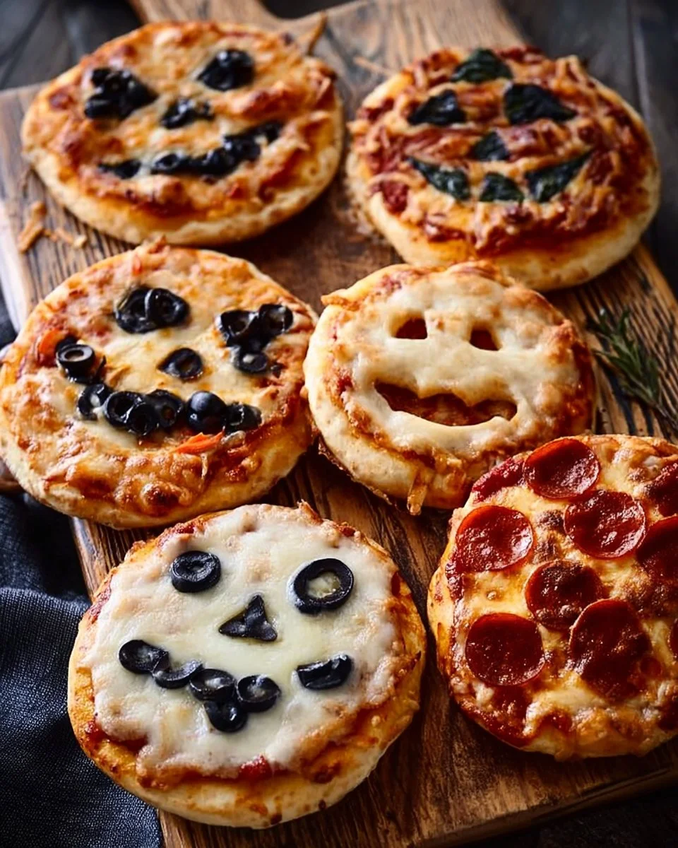 Halloween-themed mini pizzas decorated with festive toppings