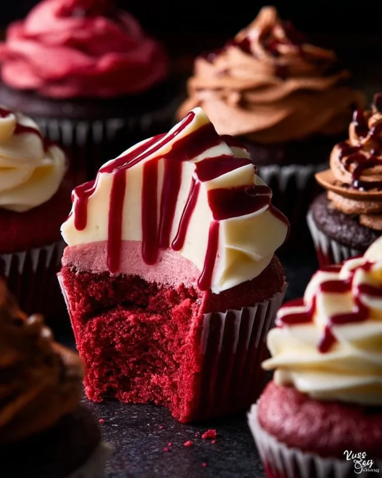 Halloween Vampire Bite Cupcakes with red frosting oozing from a bite mark