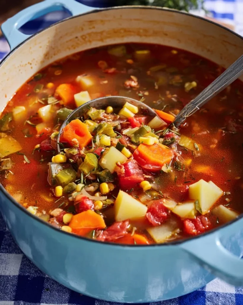 Delicious bowl of homemade Hamburger Soup with vegetables and herbs