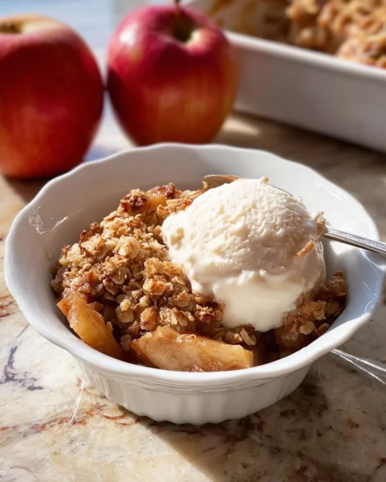 Bowl of healthy apple crisp topped with oats and nuts, ready to serve.