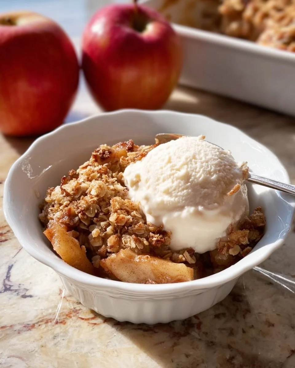 Bowl of healthy apple crisp topped with oats and nuts, ready to serve.