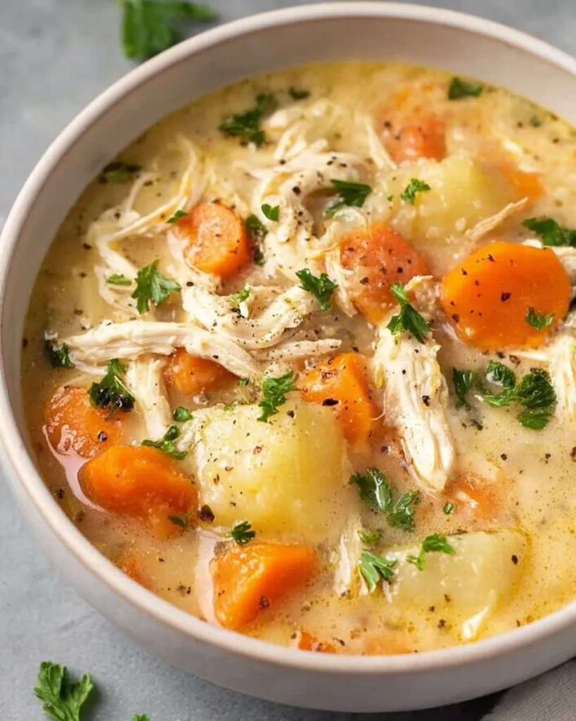 Healthy chicken pot pie soup served in a bowl with vegetables and herbs
