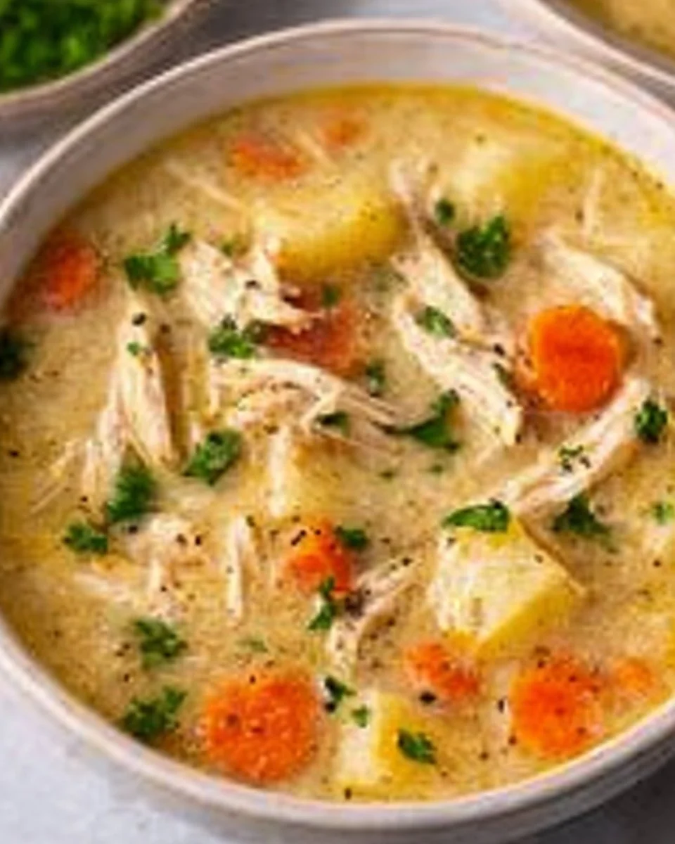 Delicious Healthy Chicken Pot Pie Soup with veggies and tender chicken