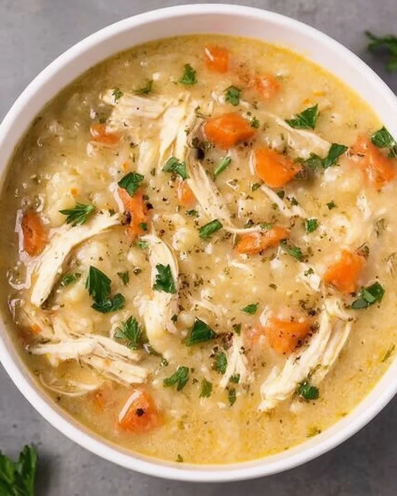 Healthy Chicken Pot Pie Soup ingredients in a pot with vegetables and chicken