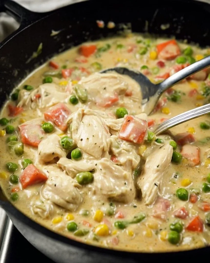 Healthy crustless chicken pot pie with vegetables and chicken in a bowl