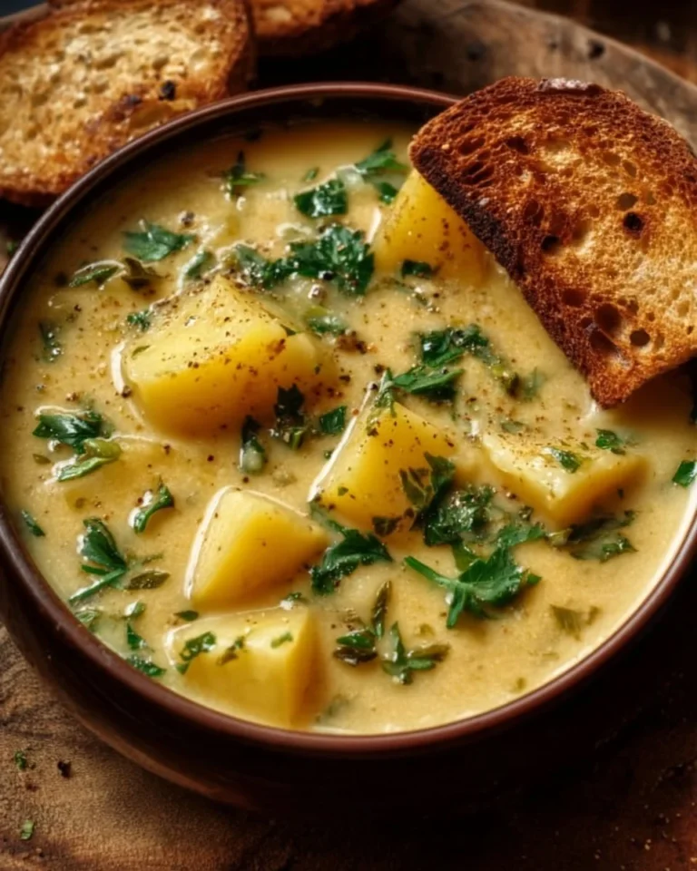 Bowl of hearty cheddar garlic herb potato soup garnished with herbs.