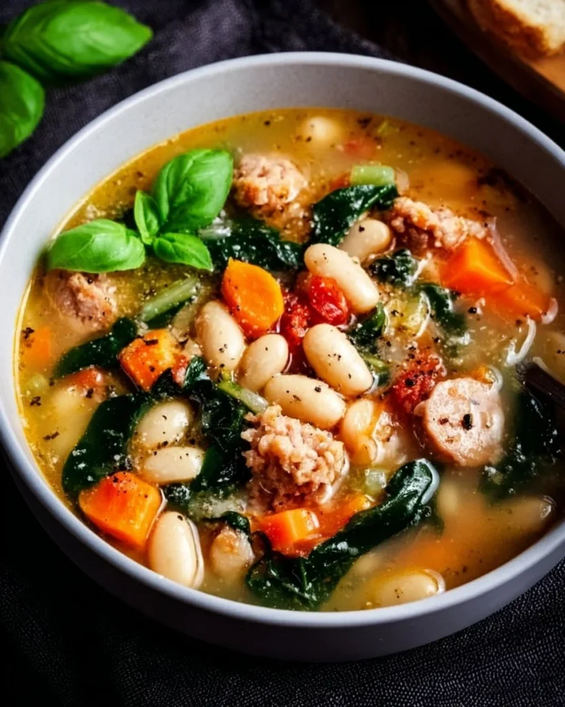 Bowl of hearty white bean soup garnished with herbs and served with bread