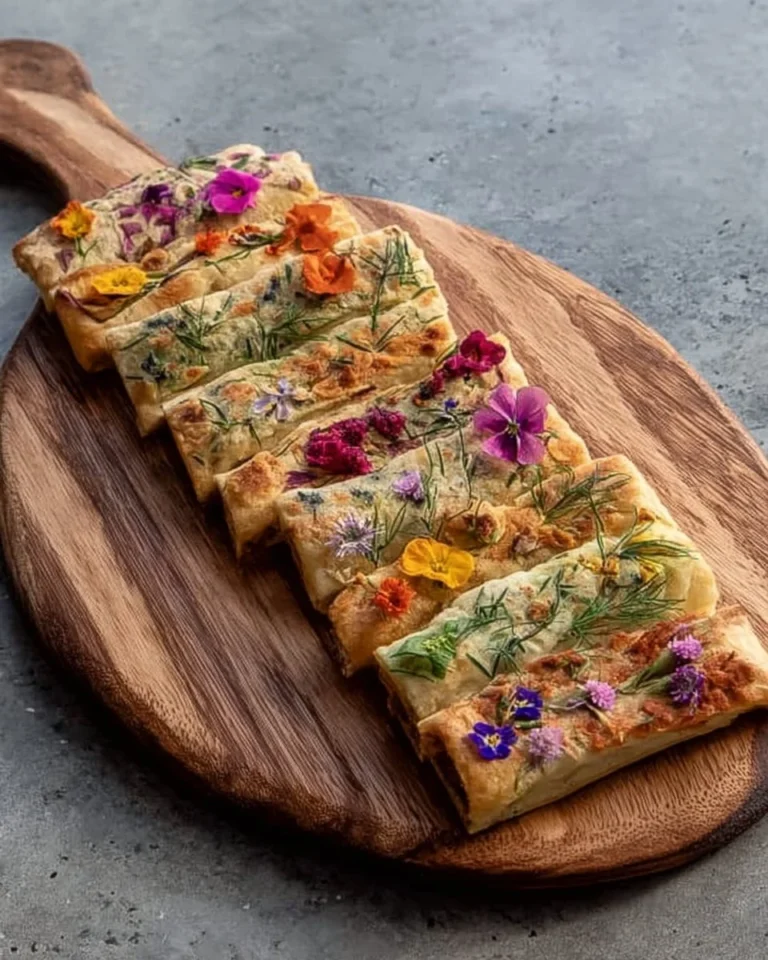 Plate of colorful herb and flower crackers garnished with fresh herbs