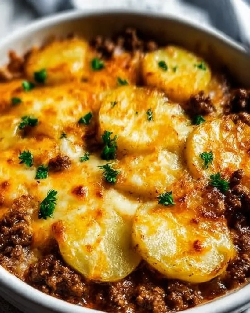 Hobo Casserole with Ground Beef and Potatoes in a baking dish