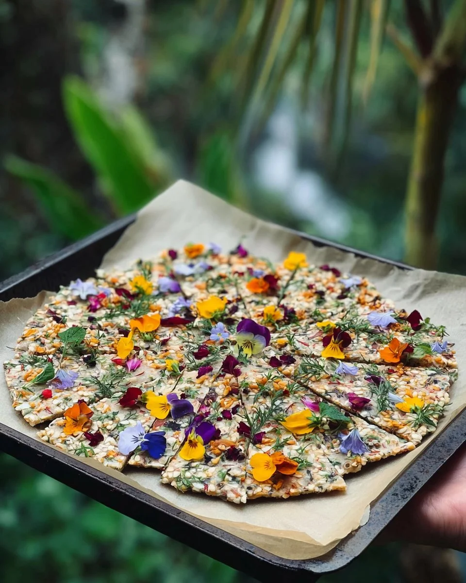 Freshly made botanical crackers with herbs and spices on a wooden platter.