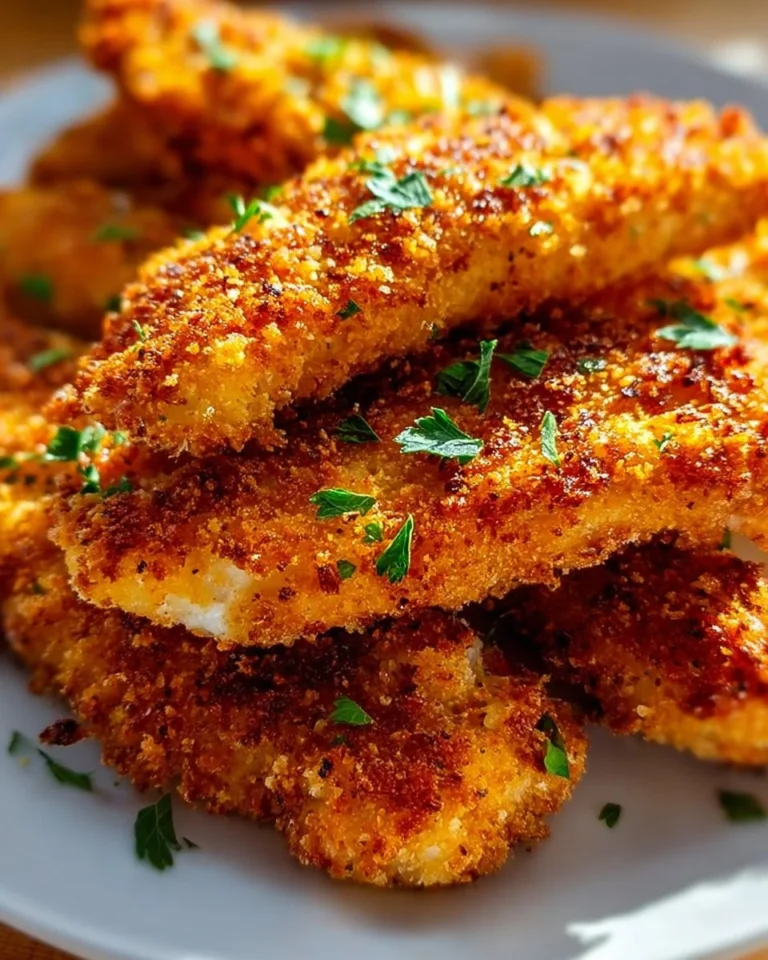 Golden brown homemade baked chicken tenders on a plate