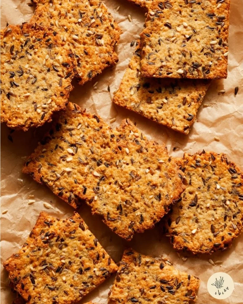 Plate of homemade chickpea seed crackers with herbs and spices