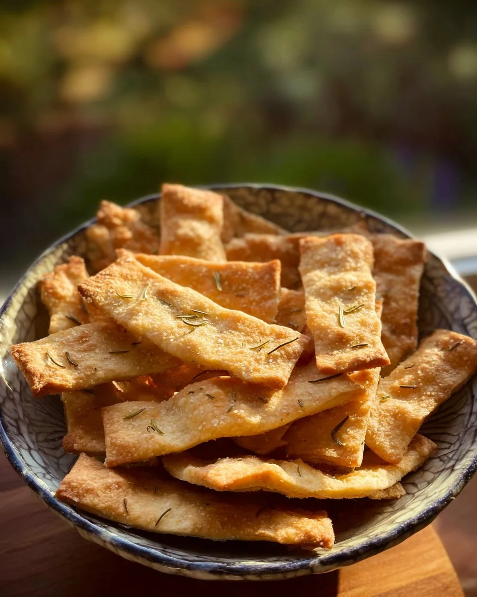 Homemade rosemary crackers on a wooden platter with herbs