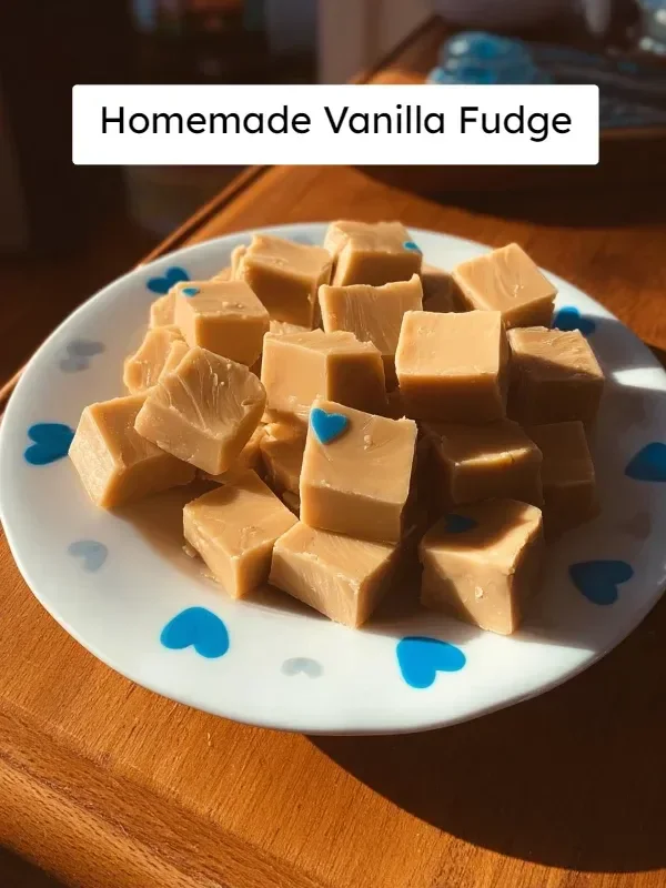 Delicious homemade vanilla fudge squares arranged on a plate.