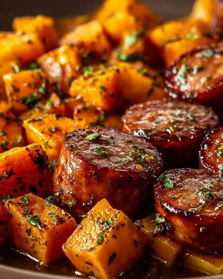 Delicious Honey Garlic Sausage served with roasted sweet potatoes