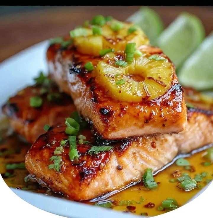 Honey Pineapple Salmon plated with fresh herbs and pineapple slices