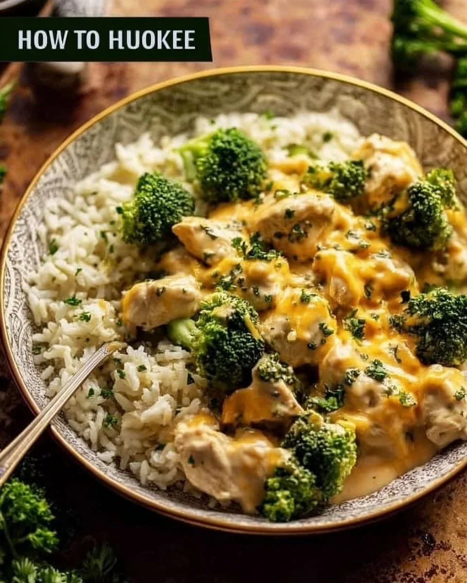 Creamy broccoli cheddar chicken made in a crockpot, served on a plate.