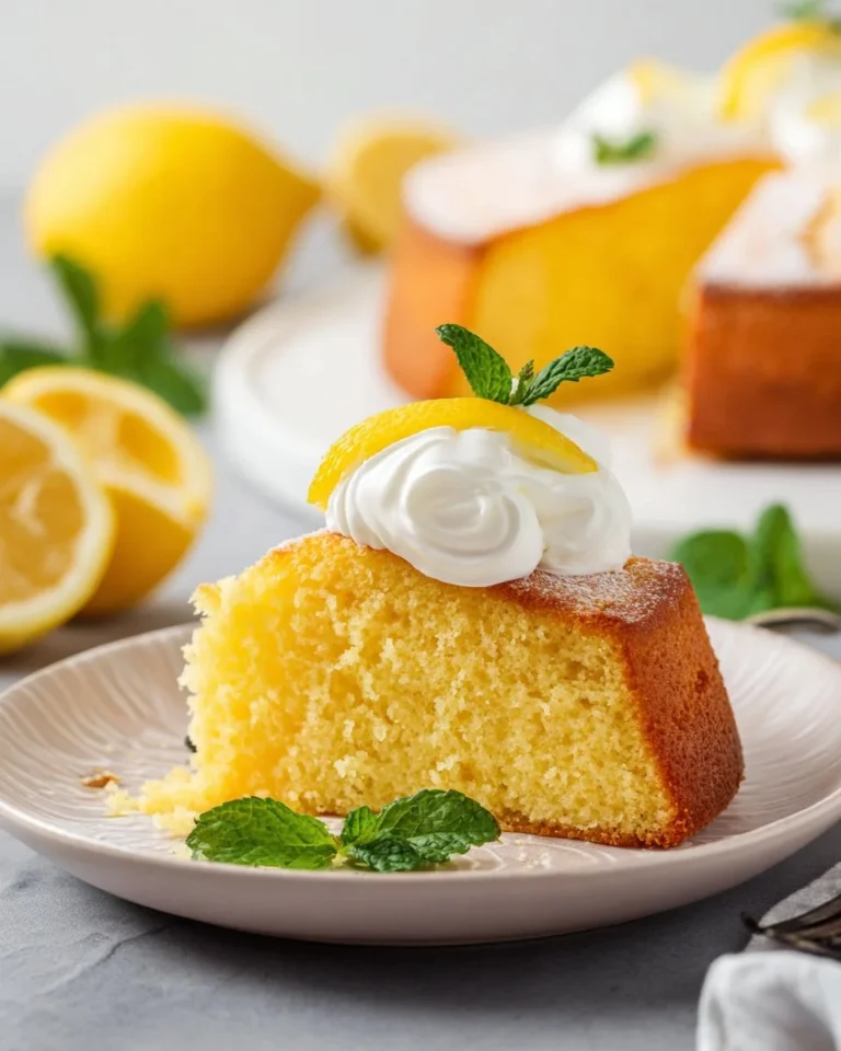 Slice of Italian lemon ricotta cake with lemon zest and ricotta topping