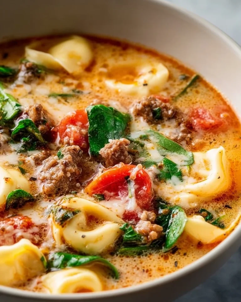 Bowl of Italian Sausage Tortellini Soup with fresh herbs and Parmesan cheese