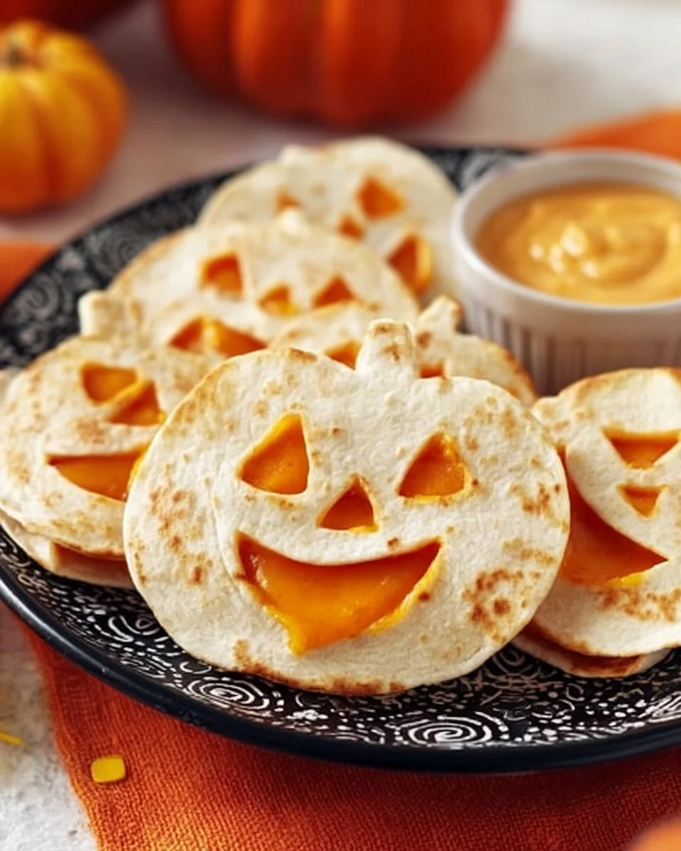 Jack o' Lantern quesadillas shaped like pumpkins for Halloween