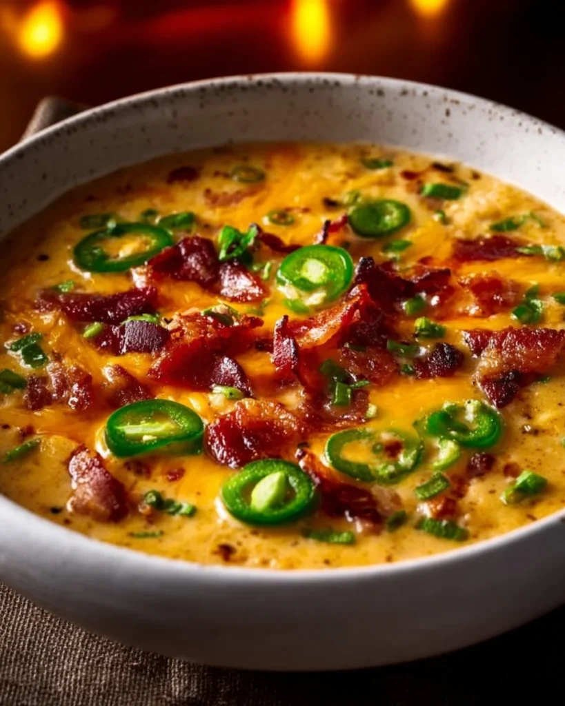 Bowl of creamy Jalapeño Popper Soup topped with crispy bacon and cheese