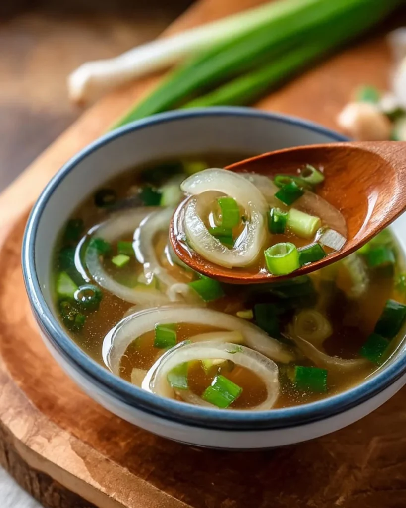 Bowl of traditional Japanese Onion Soup topped with green onions