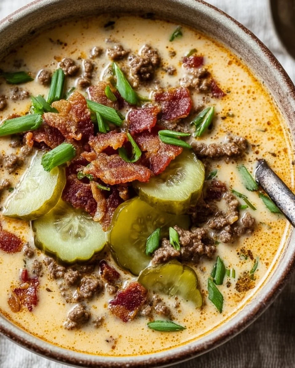 Bowl of creamy Keto Cheeseburger Soup topped with cheese and bacon